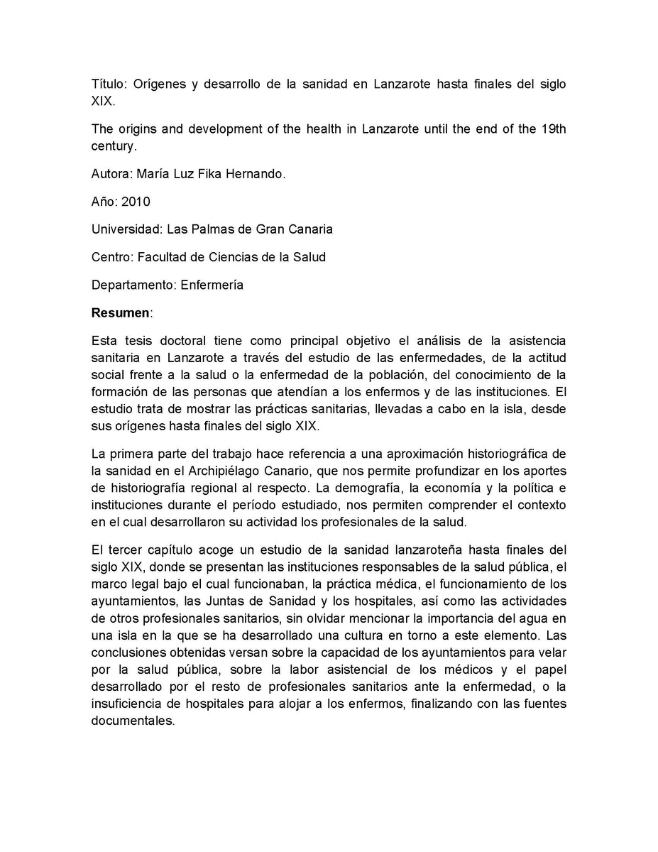 Orígenes y desarrollo de la sanidad en Lanzarote hasta finales del siglo XIX en TEXTOS 